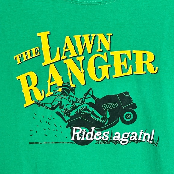 The Lawn Ranger Rides Again Riding Lawnmower Funny Green T Shirt Adult size XL - Picture 3 of 6
